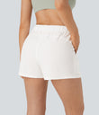 High Waisted Elastic Waistband Drawstring Pleated Yoga Shorts 3" with Pockets - White