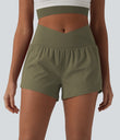 SoftlyZero™ Airy Crossover High Waisted 2-in-1 Cool Touch Yoga Shorts 3'' with Pockets - Withered Green