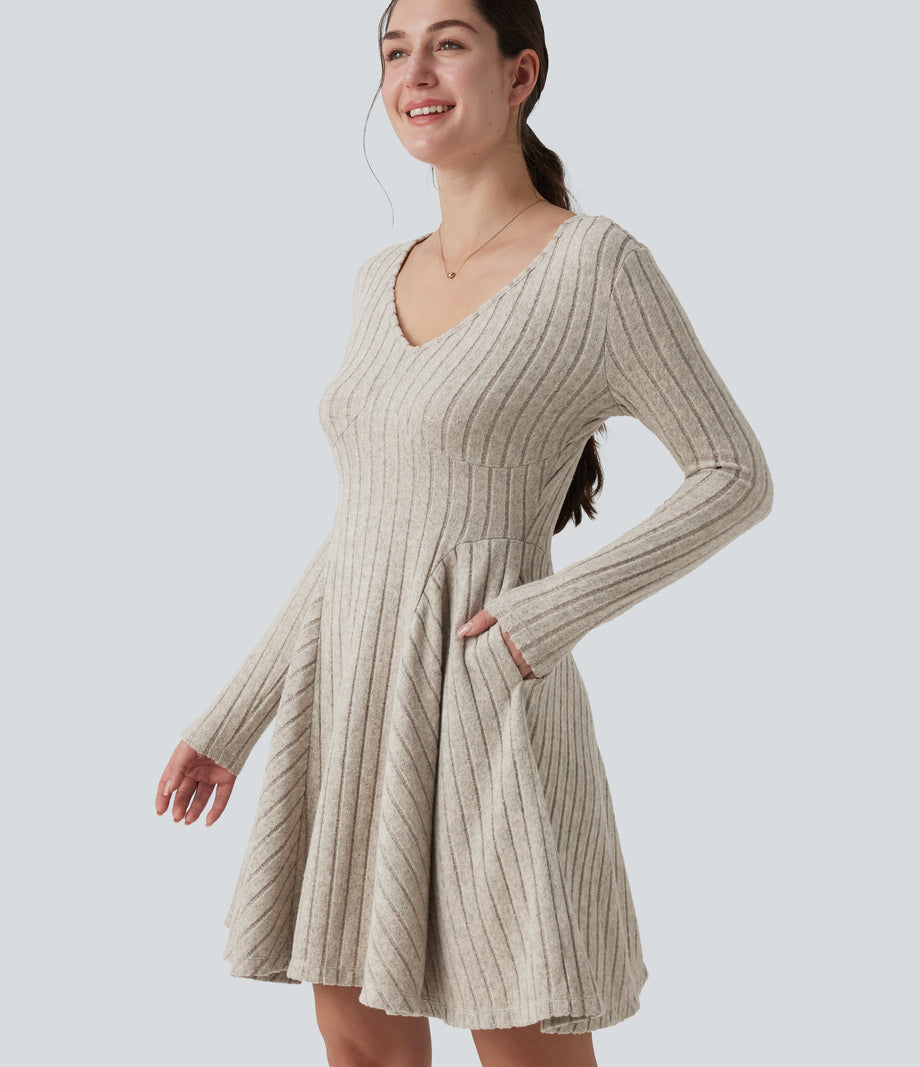 Ribbed Knit V Neck Long Sleeve Flare Mini Casual Dress with Pockets - Warm Grey Floral Velvet