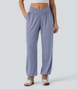Crossover High Waisted Pocket Drawstring Casual Joggers - Light Blue Floral Yarn