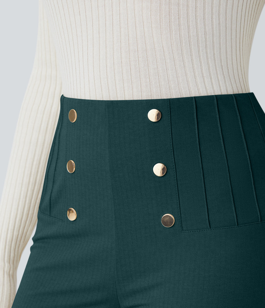 High Waisted Tummy Control Decorative Back Zipper Pockets Herringbone Work Leggings - Dark Sea