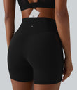 SoftlyZero™ High Waisted Crossover Contrast Lace Pocket Yoga Biker Shorts 5''-UPF50+ - Black