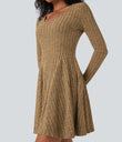 Ribbed Knit V Neck Long Sleeve Flare Mini Casual Dress with Pockets - Tan