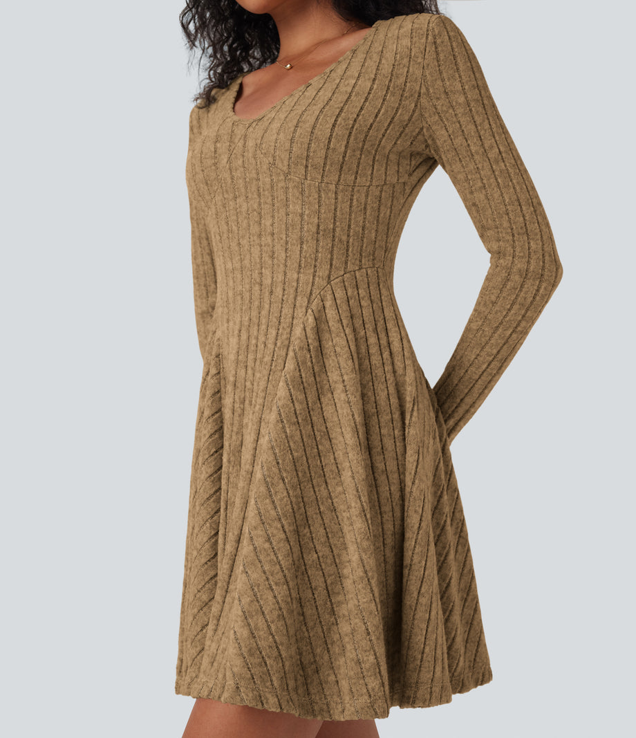 Ribbed Knit V Neck Long Sleeve Flare Mini Casual Dress with Pockets - Tan