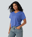 V-neck Short Sleeve Ruched Relaxed Casual Top - Sky Blue Floral Yarn