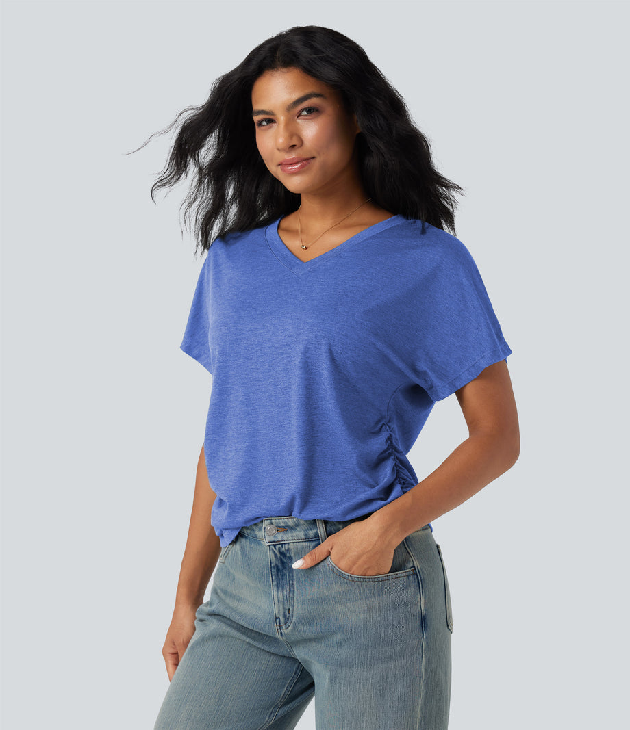 V-neck Short Sleeve Ruched Relaxed Casual Top - Sky Blue Floral Yarn