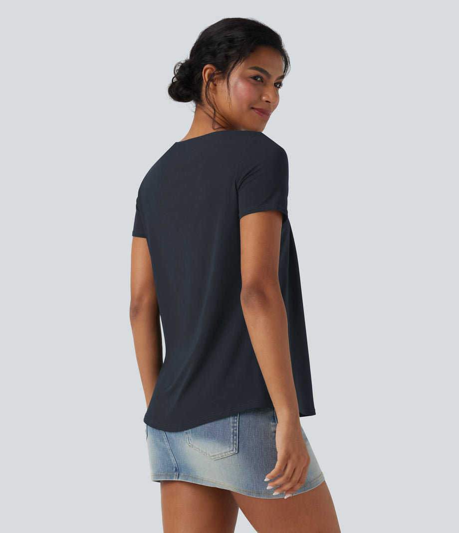 Square Neck Short Sleeve Casual Top - Dark Sapphire