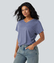 V-neck Short Sleeve Ruched Relaxed Casual Top - Light Blue Floral Yarn
