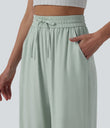 High Waisted Drawstring Wide Leg Casual Linen-Blend Pants with Pockets - Aqua Gray