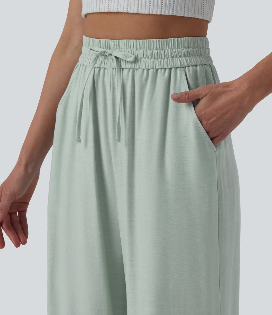 High Waisted Drawstring Wide Leg Casual Linen-Blend Pants with Pockets - Aqua Gray