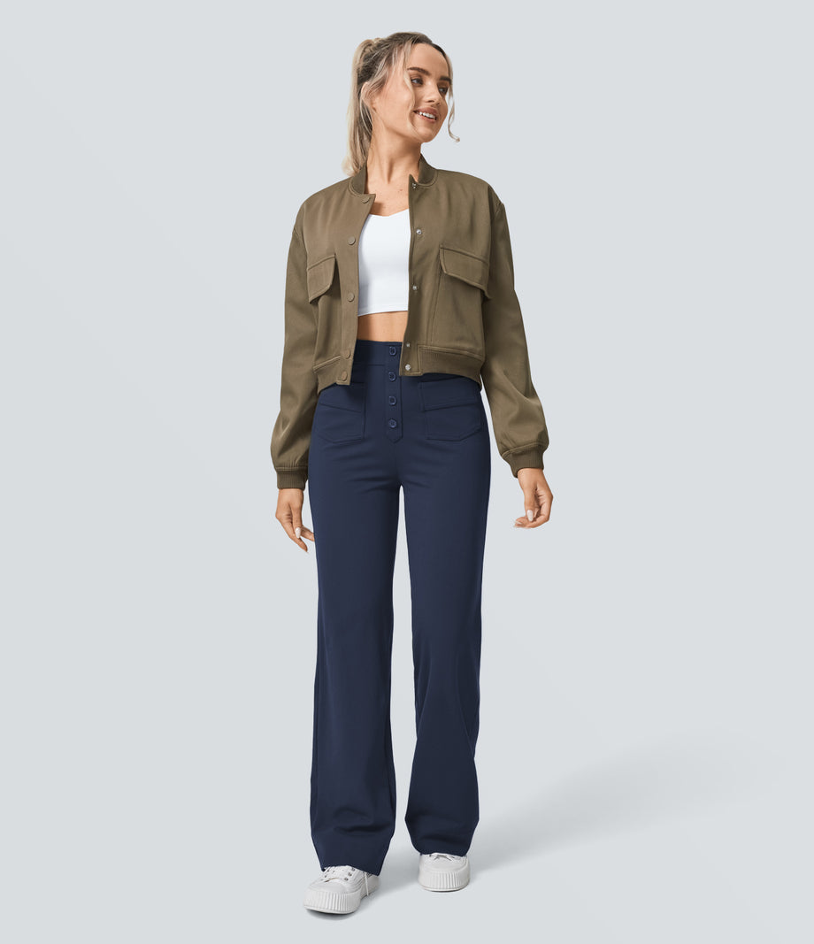 DayStretch High Waisted Pockets Straight Leg Casual Pants - Midnight Blue