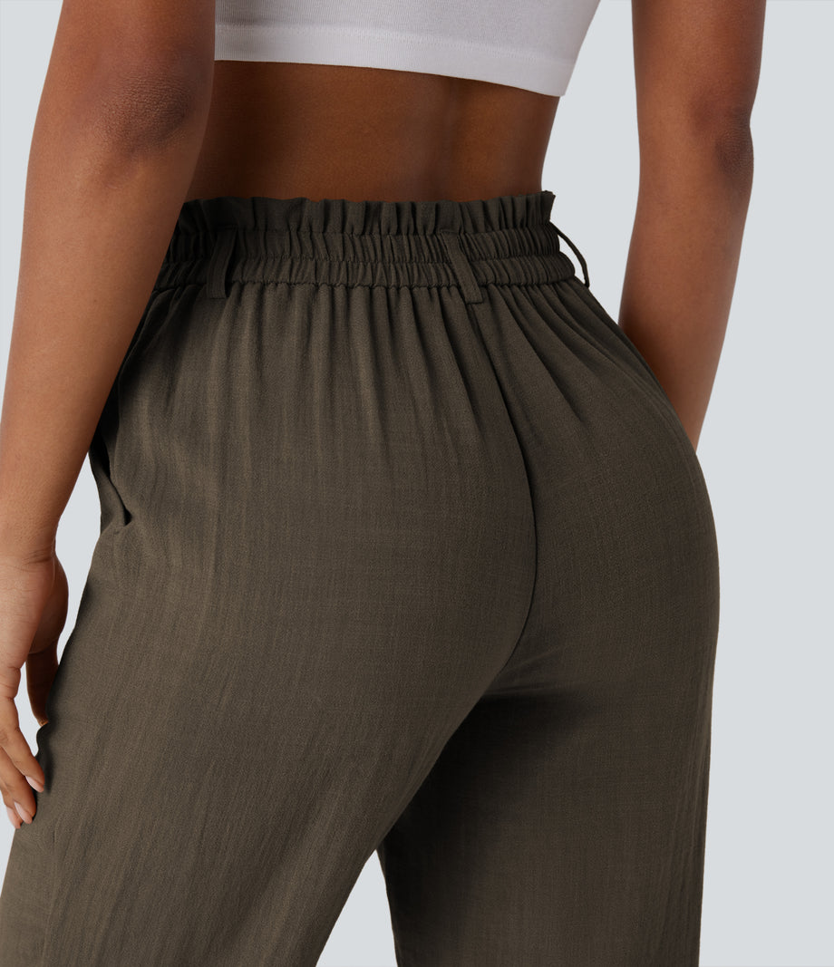 High Waisted Zipper Pocket Cropped Linen-Feel Pants - Dark Earthy Brown