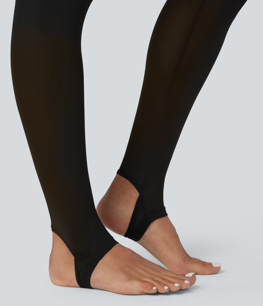 Breezeful™ High Waisted Pleated 2-in-1 Contrast Mesh Quick Dry Dance Stirrup Skirted Leggings with Pockets - Black