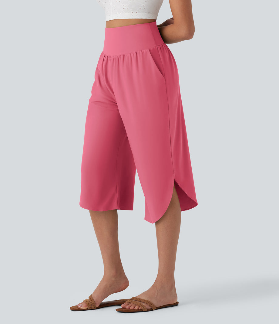Breezeful™ High Waisted Tummy Control Hem Quick Dry Capri Pants with Pockets - Pink Lemonade