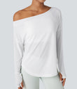 One Shoulder Long Sleeve Thumb Hole Curved Hem High Low Quick Dry Yoga Sports Top-Built-in Bra - White