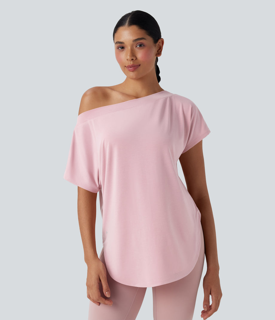 One Shoulder Short Sleeve Curved Hem High Low Quick Dry Yoga Sports Top - Pale Lilac