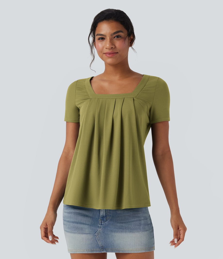 Square Neck Short Sleeve Casual Top - Moss