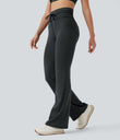 High Waisted Drawstring Stripe Flare Yoga Pants with Pockets - Steel Stripe