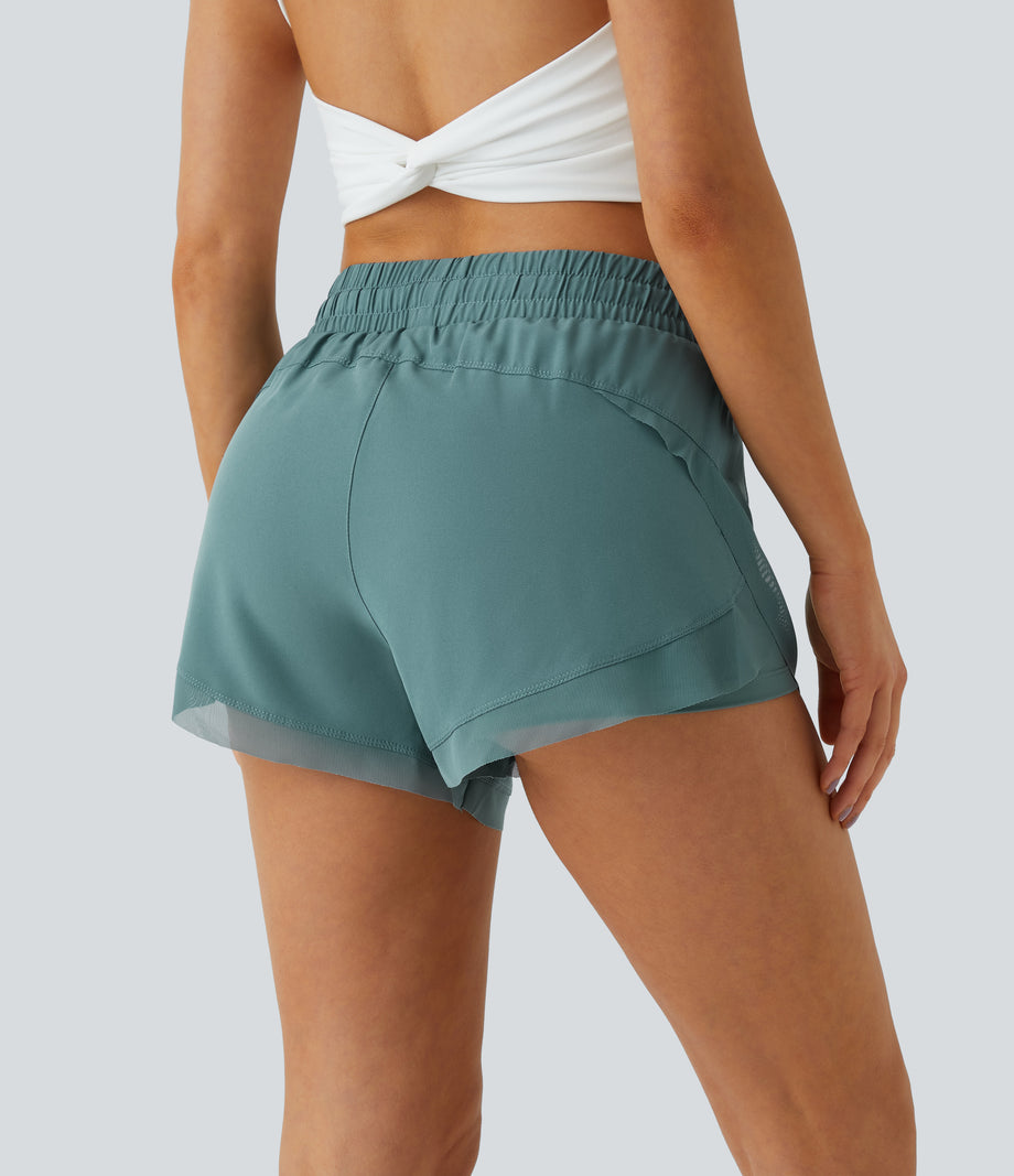 Mid Rise Drawstring Contrast Mesh 2-in-1 Flowy Running Shorts 3'' - Mineral Blue
