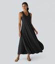 U Neck Flowy Maxi Casual Tank Dress - Black