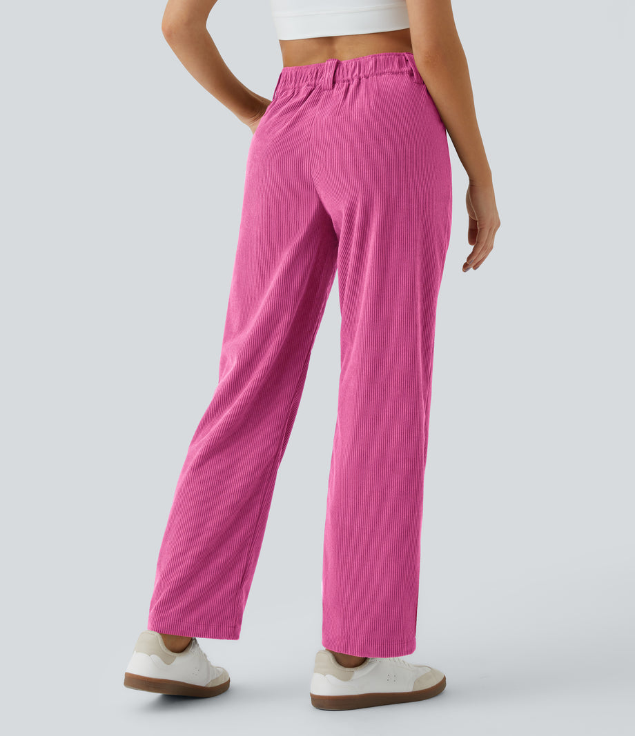 Mid Rise Zipper Pocket Corduroy Casual Pants - Fedora Red Purple