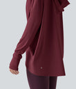 Hooded Cowl Neck Long Sleeve Thumb Hole Yoga Sports Top with Pockets - Chocolate Truffle