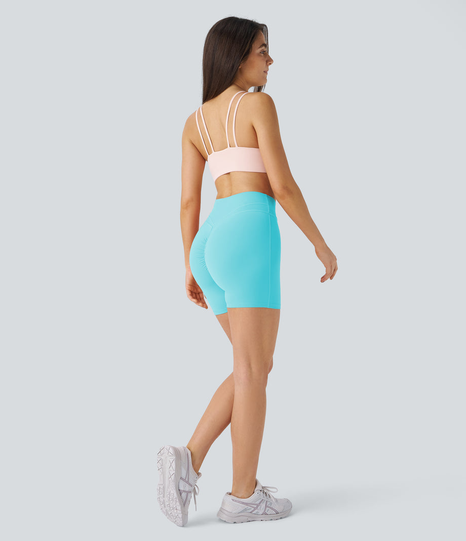 SoftlyZero™ Plush High Waisted Crossover Ruched Yoga Shorts 5'' - Baroque Blue