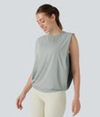 Round Neck Ruched Cool Touch Yoga Tank Top-UPF50+ - Mirage Gray