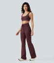 High Waisted Drawstring Stripe Flare Yoga Pants with Pockets - Burgundy Wine