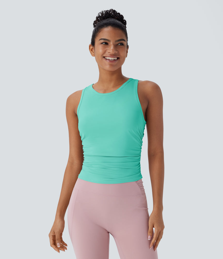 Round Neck Racerback Ruched Yoga Tank Top - Beveled Glass