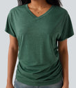 V-neck Short Sleeve Ruched Relaxed Casual Top - Emerald Floral Yarn