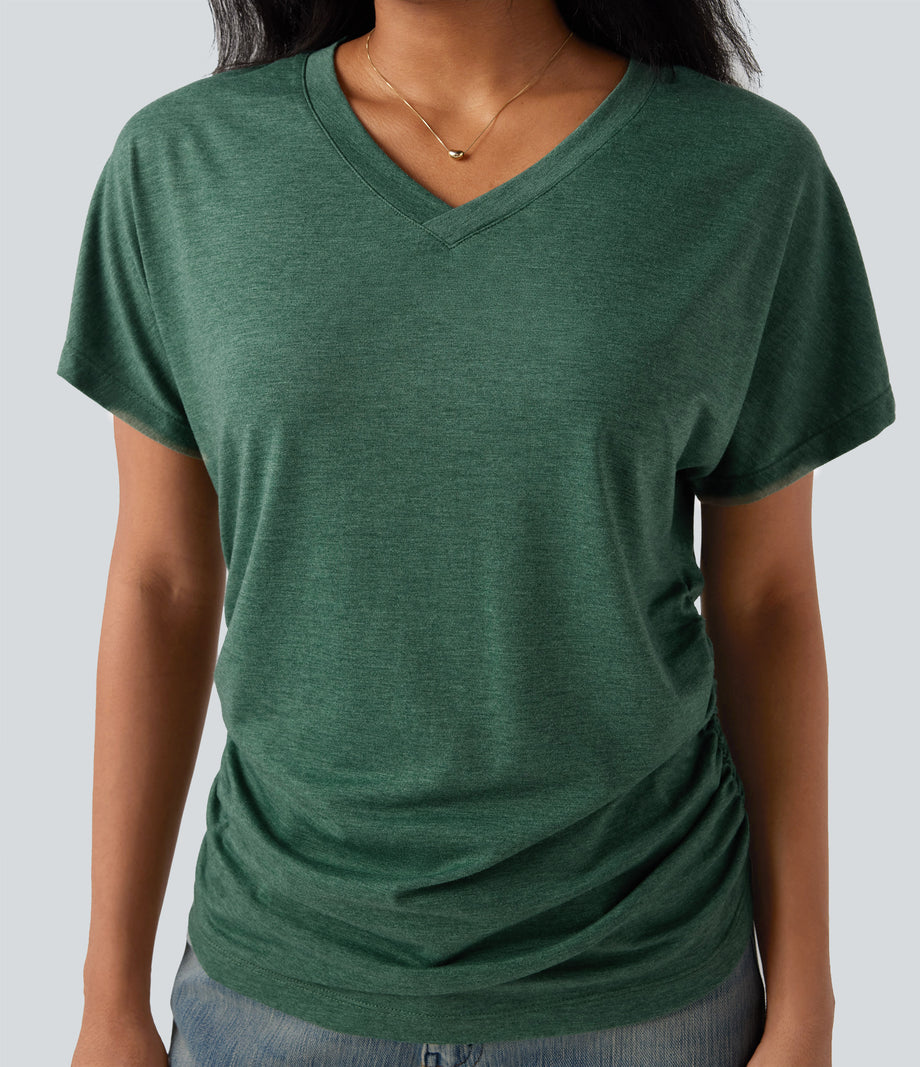 V-neck Short Sleeve Ruched Relaxed Casual Top - Emerald Floral Yarn