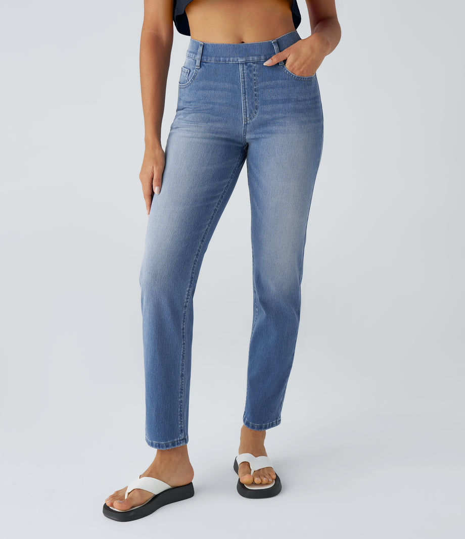 Halara Flex™ High Waisted Pockets Straight Leg Washed Casual Jeans - Sea Blue Denim
