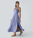 U Neck Flowy Maxi Casual Tank Dress - Light Blue Floral Yarn