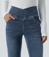 Halara Flex™ High Waisted Crossover Pocket Washed Casual Flare Jeans - Frost Blue Denim