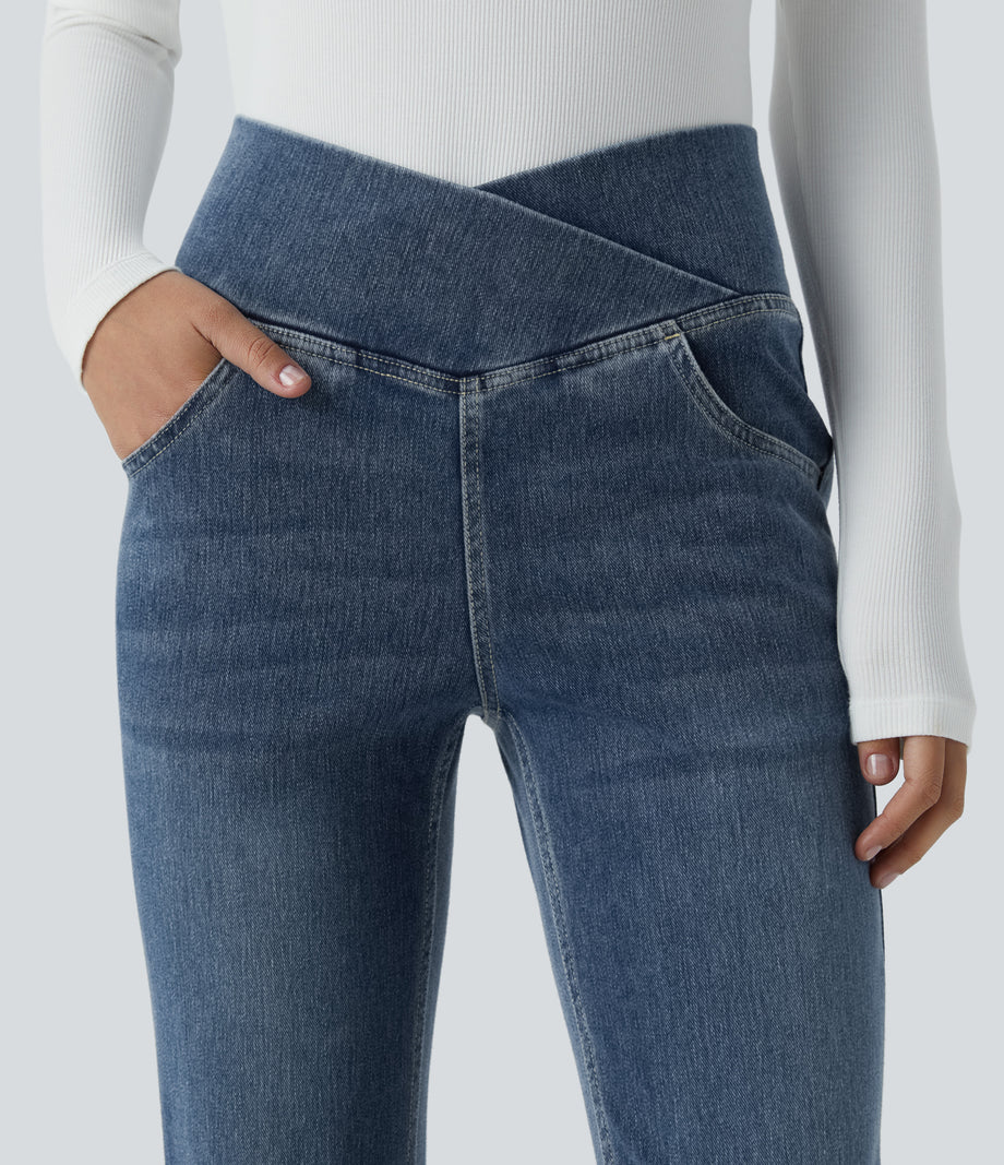 Halara Flex™ High Waisted Crossover Pocket Washed Casual Flare Jeans - Frost Blue Denim