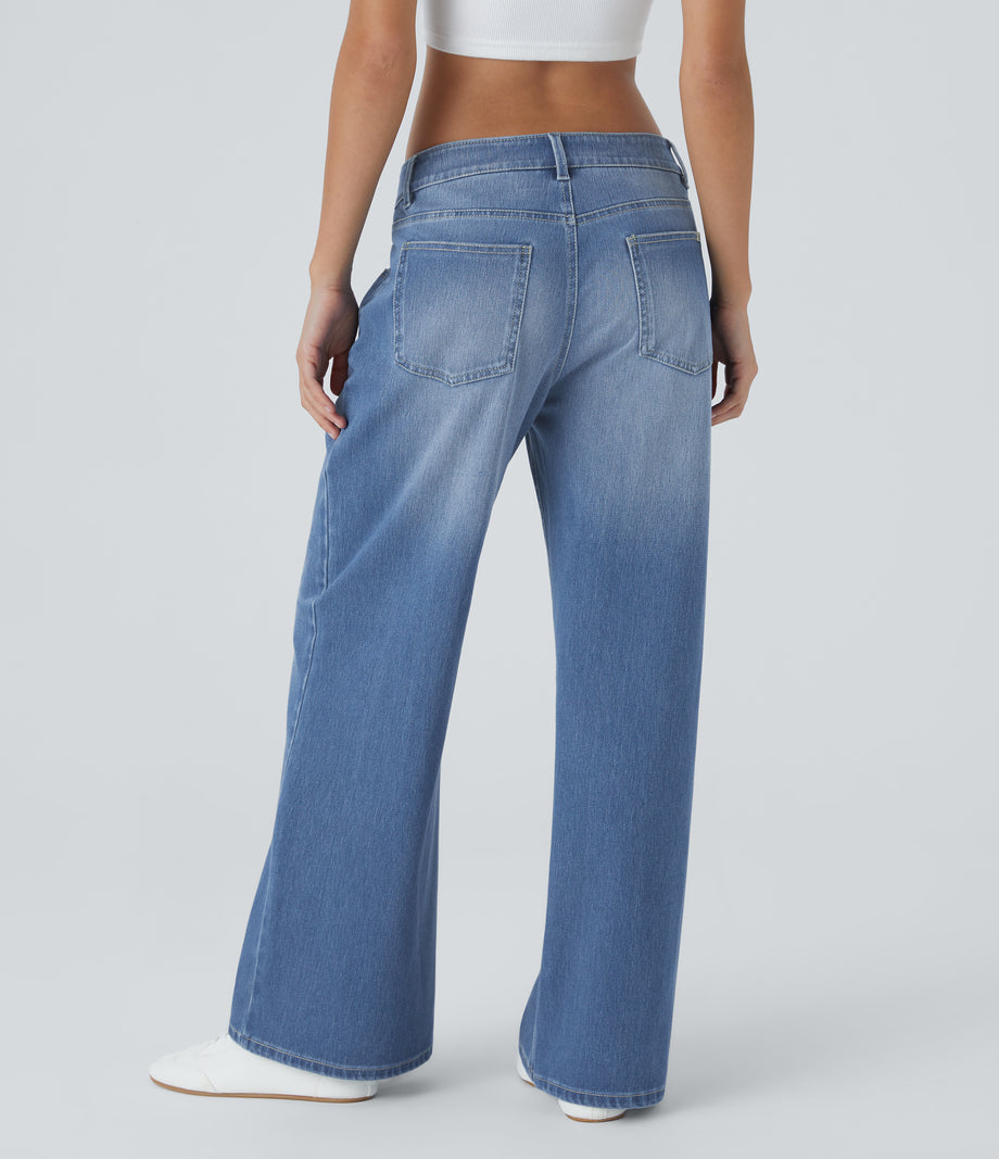 Halara Flex™ Low Rise Zipper Pockets Washed Baggy Wide Leg Casual Jeans - Blue Spruce Denim