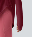 One Shoulder Long Sleeve Thumb Hole Curved Hem High Low Quick Dry Yoga Sports Top-Built-in Bra - Tibetan Red