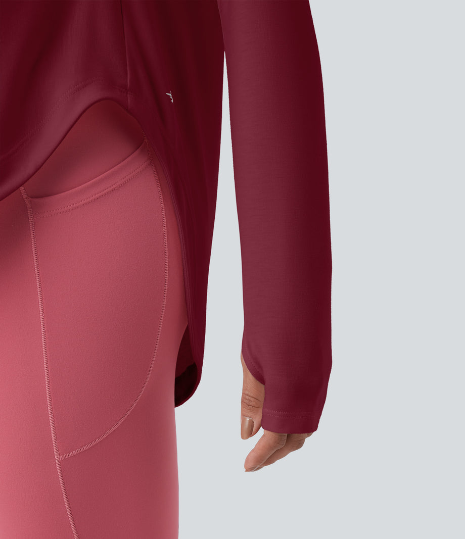 One Shoulder Long Sleeve Thumb Hole Curved Hem High Low Quick Dry Yoga Sports Top-Built-in Bra - Tibetan Red