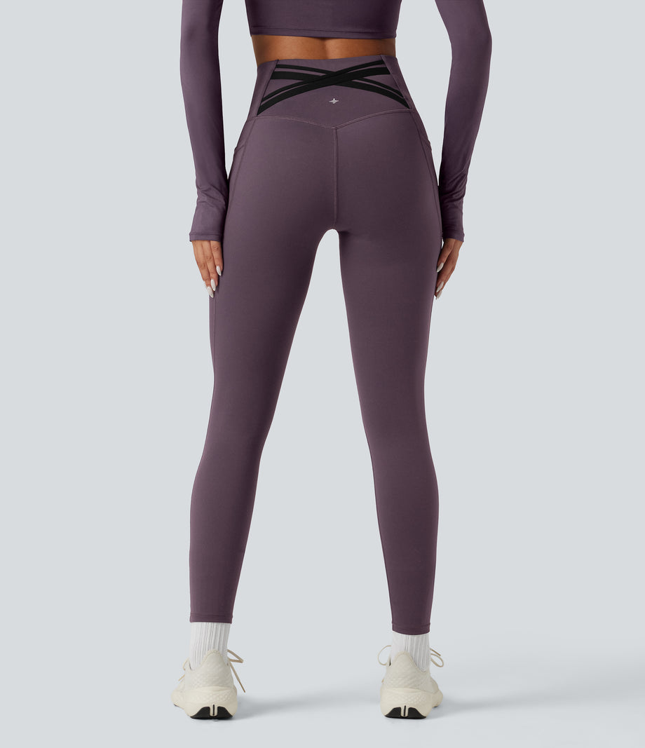 Halara Ultrasculpt™ Heat High Waisted Tummy Control Crossover Back Fleece Running Leggings with Pockets - Night's Purple