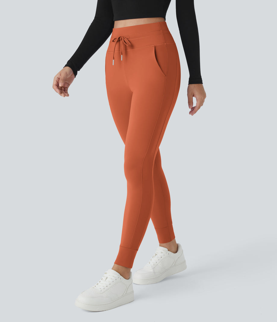 SoftlyZero™ Plush High Waisted Drawstring Pocket Plain Full Length Joggers - Orange Rust