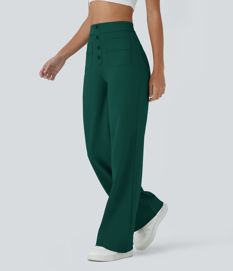 DayStretch High Waisted Pockets Straight Leg Casual Pants - Rain Forest