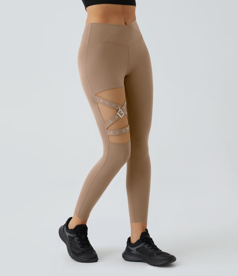 DayStretch High Waisted Crossover Contrast Mesh Decorative Buckle Yoga Leggings - Burro