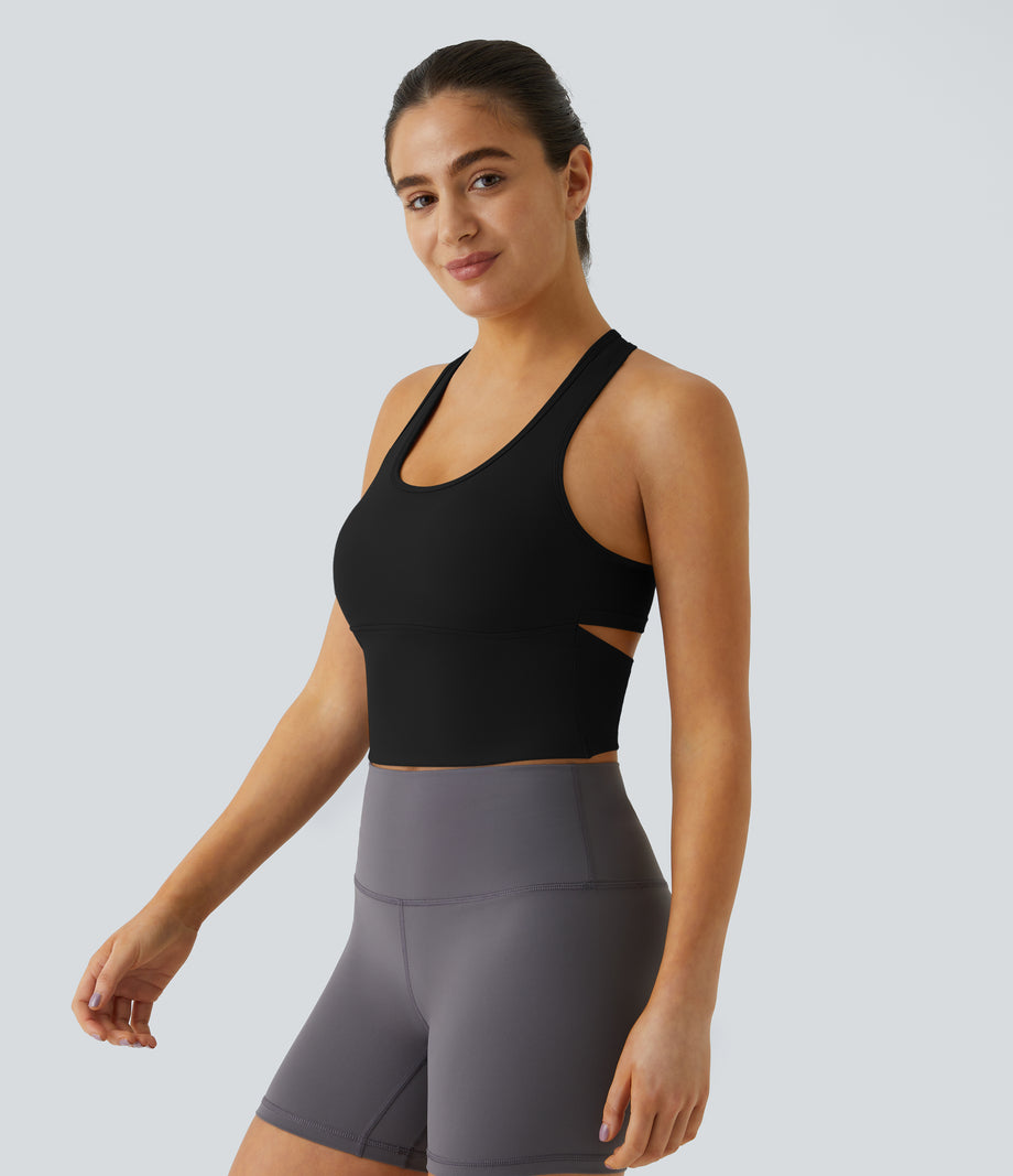 SoftlyZero™ Plush U Neck Racerback Cut Out Cropped Yoga Tank Top - Black