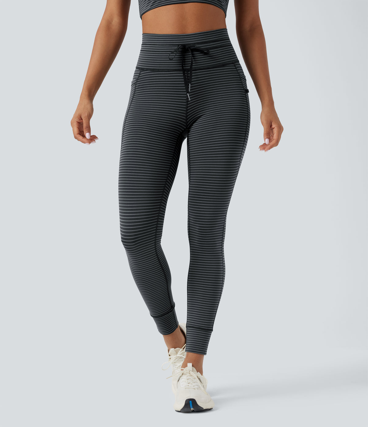 High Waisted Drawstring Striped Yoga Leggings with Pockets - Steel Stripe