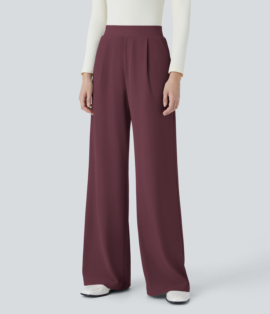 Halara Flex™ High Waisted Body Sculpt Waist-Slimming Pocket Wide Leg Micro Waffle Work Pants - Evening Red