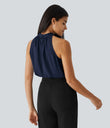 Keyhole Back Halter Sleeveless Curved Hem Work Blouse - Denim Blue