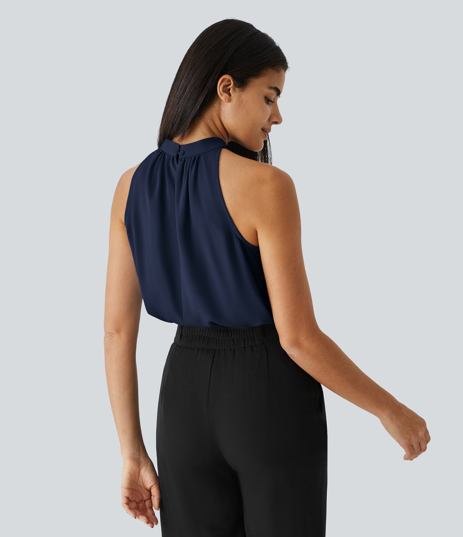 Keyhole Back Halter Sleeveless Curved Hem Work Blouse - Denim Blue