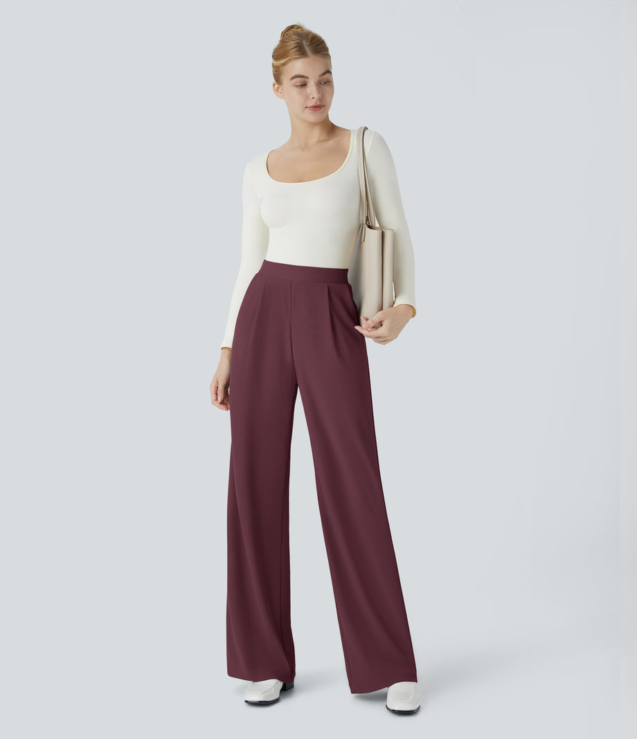 Halara Flex™ High Waisted Body Sculpt Waist-Slimming Pocket Wide Leg Micro Waffle Work Pants - Evening Red