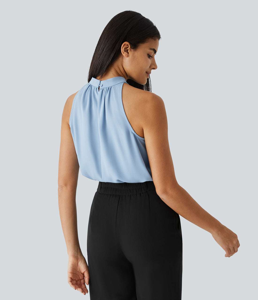 Keyhole Back Halter Sleeveless Curved Hem Work Blouse - Skyride